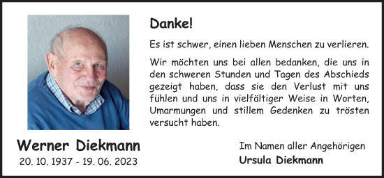 Traueranzeige von Werner Diekmann von Neue Osnabrücker Zeitung GmbH & Co. KG