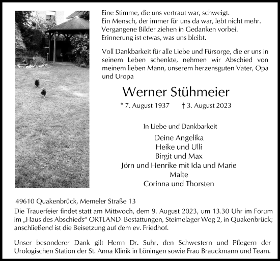 Traueranzeige von Werner Stühmeier von Neue Osnabrücker Zeitung GmbH & Co. KG