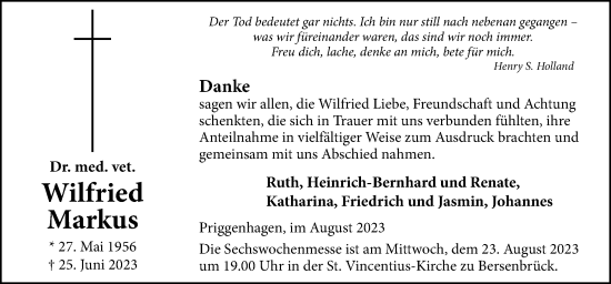 Traueranzeige von Wilfried Markus von Neue Osnabrücker Zeitung GmbH & Co. KG