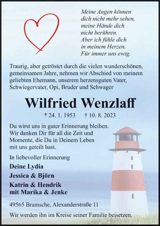 Traueranzeige von Wilfried Wenzlaff von Neue Osnabrücker Zeitung GmbH & Co. KG