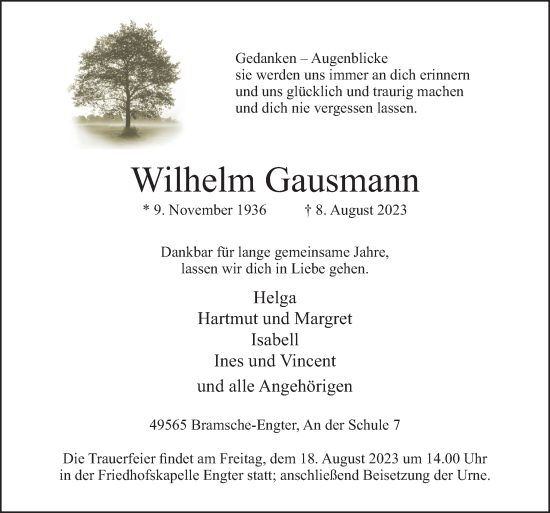 Traueranzeige von Wilhelm Gausmann von Neue Osnabrücker Zeitung GmbH & Co. KG