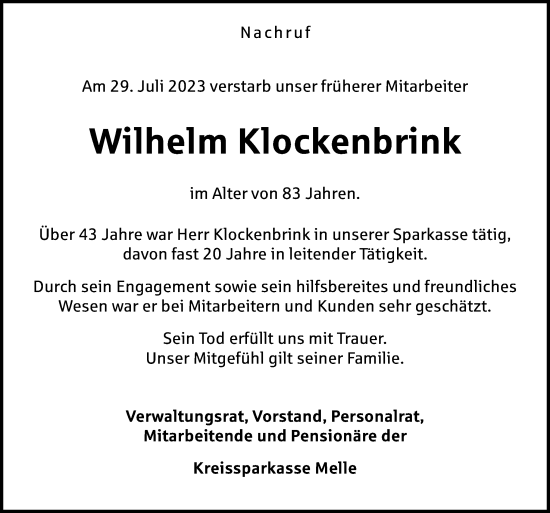 Traueranzeige von Wilhelm Klockenbrink von Neue Osnabrücker Zeitung GmbH & Co. KG
