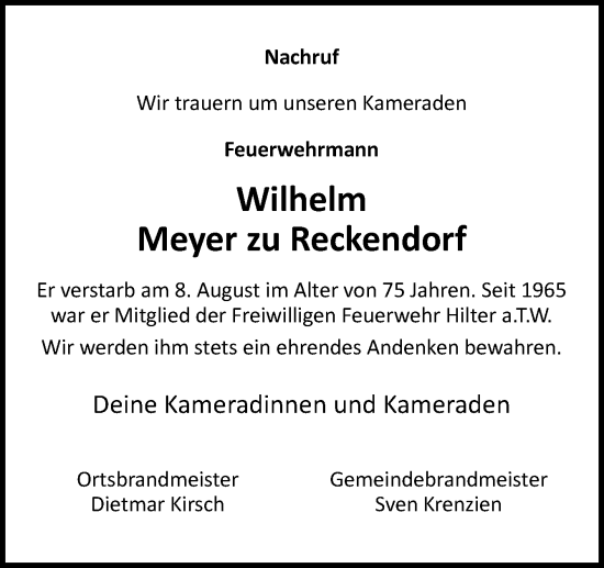 Traueranzeige von Wilhelm Meyer zu Reckendorf von Neue Osnabrücker Zeitung GmbH & Co. KG