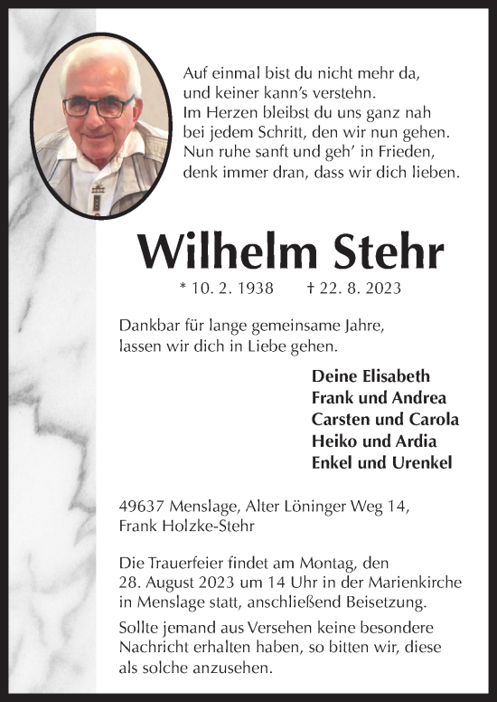 Traueranzeige von Wilhelm Stehr von Neue Osnabrücker Zeitung GmbH & Co. KG