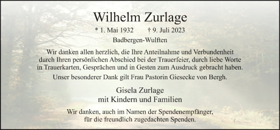 Traueranzeige von Wilhelm Zurlage von Neue Osnabrücker Zeitung GmbH & Co. KG