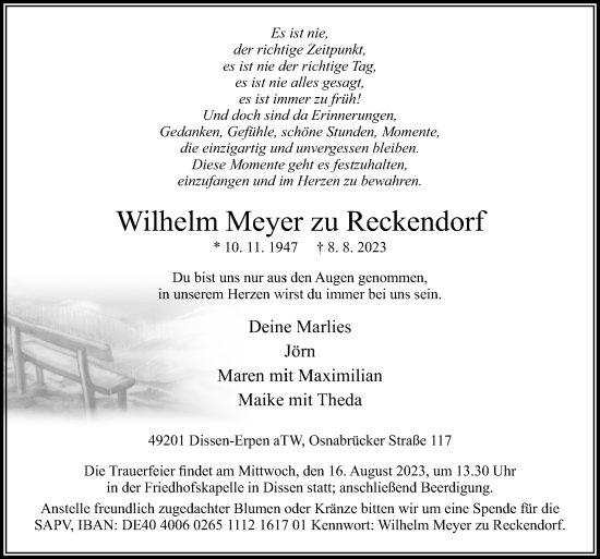 Traueranzeige von Wilhelm Meyer zu Reckendorf von Neue Osnabrücker Zeitung GmbH & Co. KG