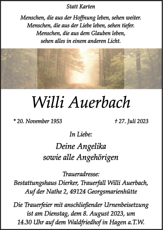 Traueranzeige von Willi Auerbach von Neue Osnabrücker Zeitung GmbH & Co. KG