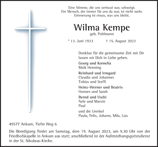 Traueranzeige von Wilma Kempe von Neue Osnabrücker Zeitung GmbH & Co. KG