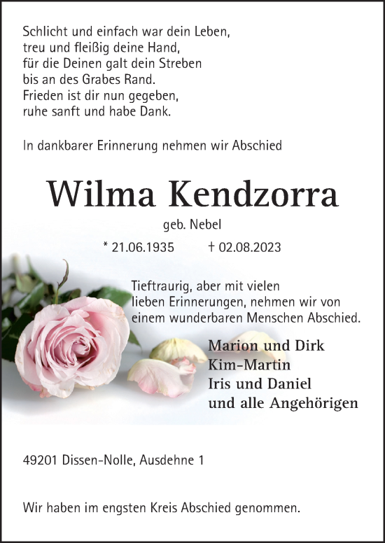 Traueranzeige von Wilma Kendzorra von Neue Osnabrücker Zeitung GmbH & Co. KG