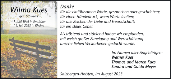 Traueranzeige von Wilma Kues von Neue Osnabrücker Zeitung GmbH & Co. KG