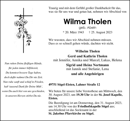 Traueranzeige von Wilma Tholen von Neue Osnabrücker Zeitung GmbH & Co. KG