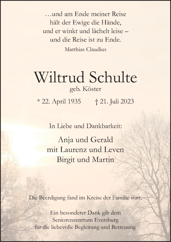 Traueranzeige von Wiltrud Schulte von Neue Osnabrücker Zeitung GmbH & Co. KG