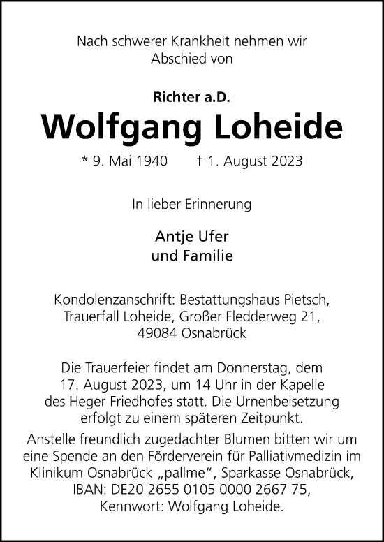 Traueranzeige von Wolfgang Loheide von Neue Osnabrücker Zeitung GmbH & Co. KG