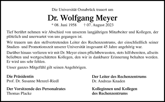 Traueranzeige von Wolfgang Meyer von Neue Osnabrücker Zeitung GmbH & Co. KG