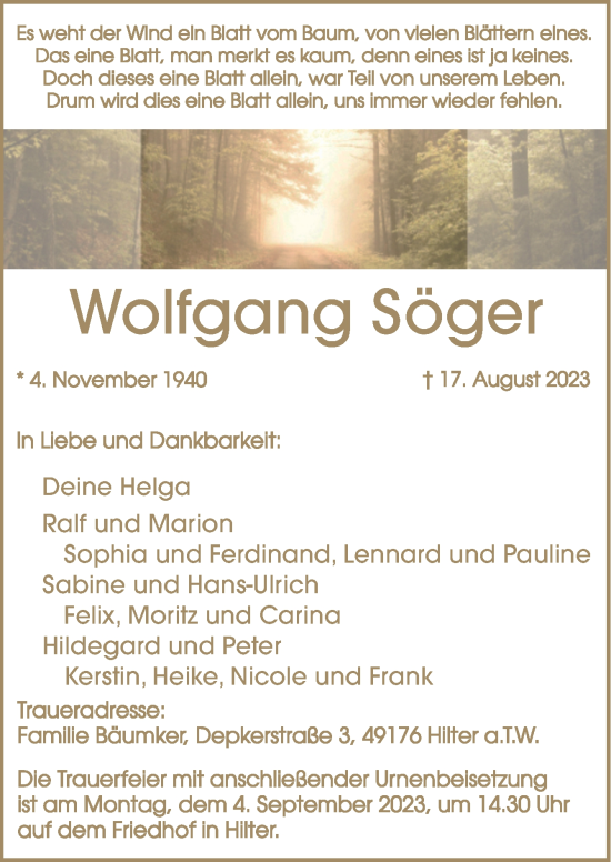 Traueranzeige von Wolfgang Söger von Neue Osnabrücker Zeitung GmbH & Co. KG
