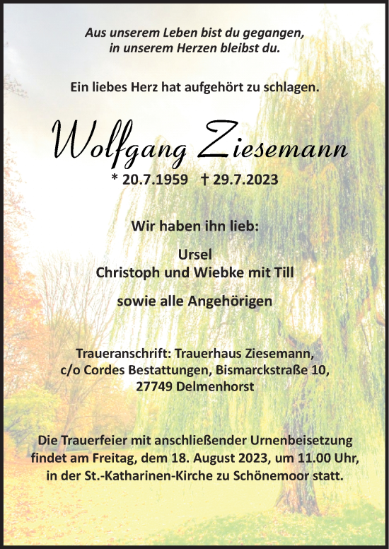 Traueranzeige von Wolfgang Ziesmann von DK Medien GmbH & Co. KG