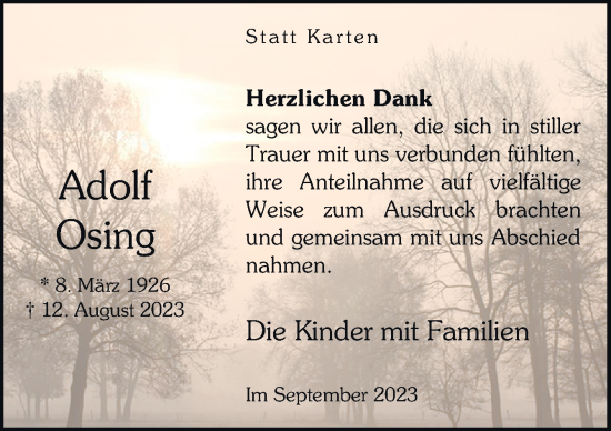 Traueranzeige von Adolf Osing von Neue Osnabrücker Zeitung GmbH & Co. KG