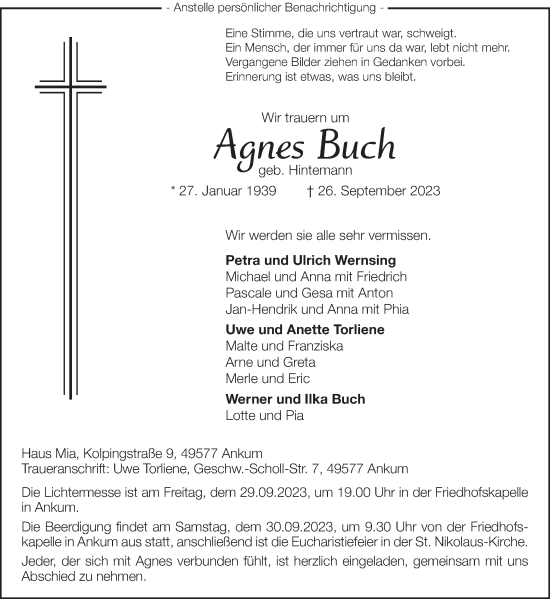 Traueranzeige von Agnes Buch von Neue Osnabrücker Zeitung GmbH & Co. KG