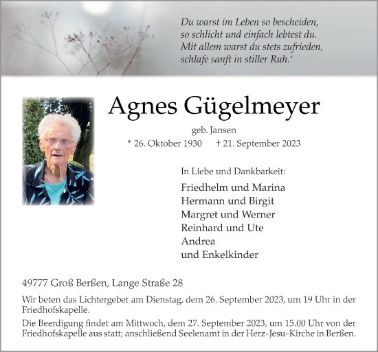 Traueranzeige von Agnes Gügelmeyer von Neue Osnabrücker Zeitung GmbH & Co. KG