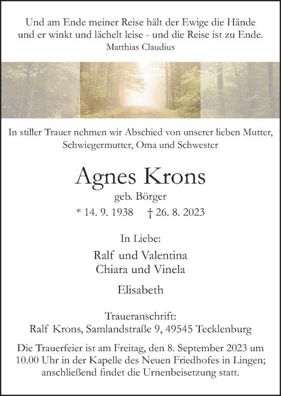 Traueranzeige von Agnes Krons von Neue Osnabrücker Zeitung GmbH & Co. KG