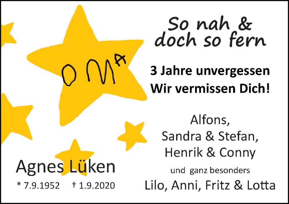  Traueranzeige für Agnes Lüken vom 01.09.2023 aus Neue Osnabrücker Zeitung GmbH & Co. KG