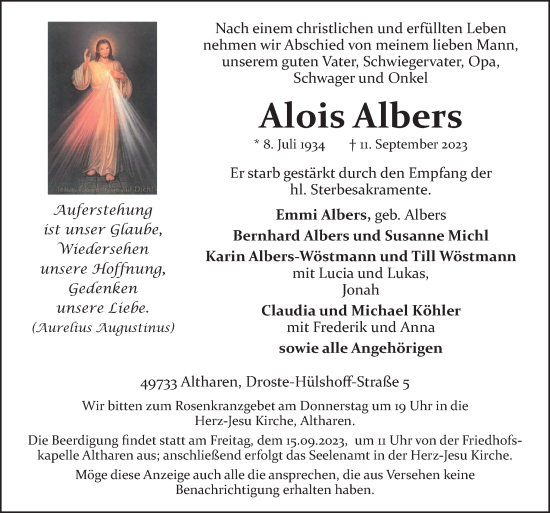 Traueranzeige von Alois Albers von Neue Osnabrücker Zeitung GmbH & Co. KG