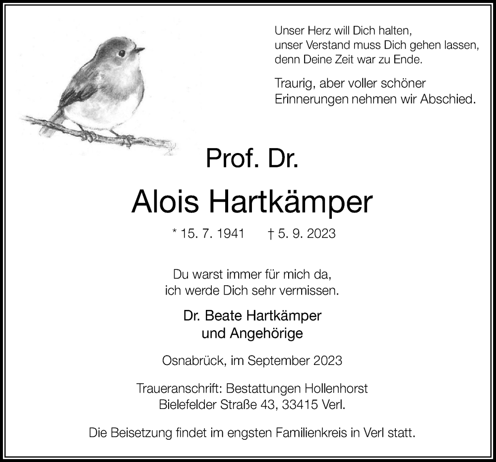  Traueranzeige für Alois Hartkämper vom 08.09.2023 aus Neue Osnabrücker Zeitung GmbH & Co. KG