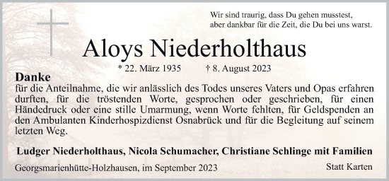 Traueranzeige von Aloys Niederholthaus von Neue Osnabrücker Zeitung GmbH & Co. KG