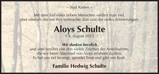 Traueranzeige von Aloys Schulte von Neue Osnabrücker Zeitung GmbH & Co. KG