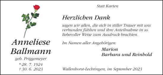 Traueranzeige von Anneliese Ballmann von Neue Osnabrücker Zeitung GmbH & Co. KG
