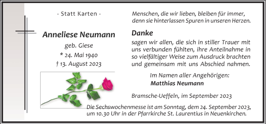 Traueranzeige von Anneliese Neumann von Neue Osnabrücker Zeitung GmbH & Co. KG