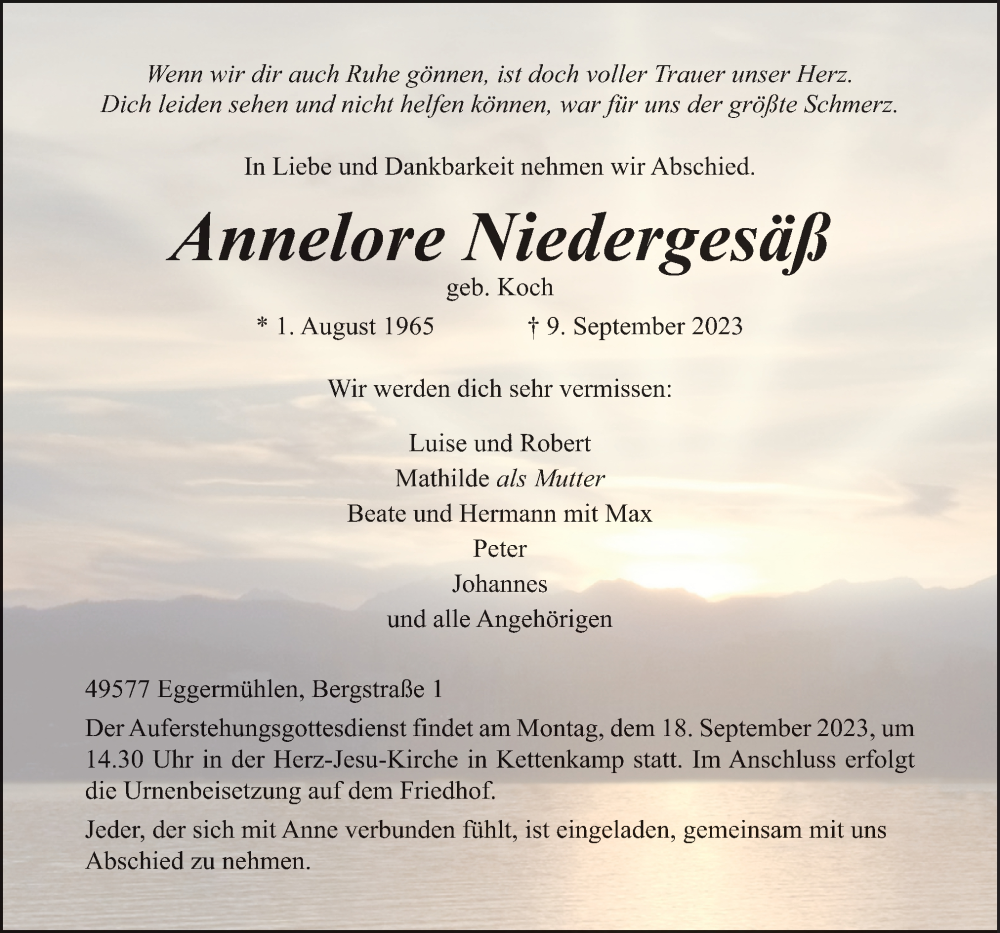  Traueranzeige für Annelore Niedergesäß vom 13.09.2023 aus Neue Osnabrücker Zeitung GmbH & Co. KG