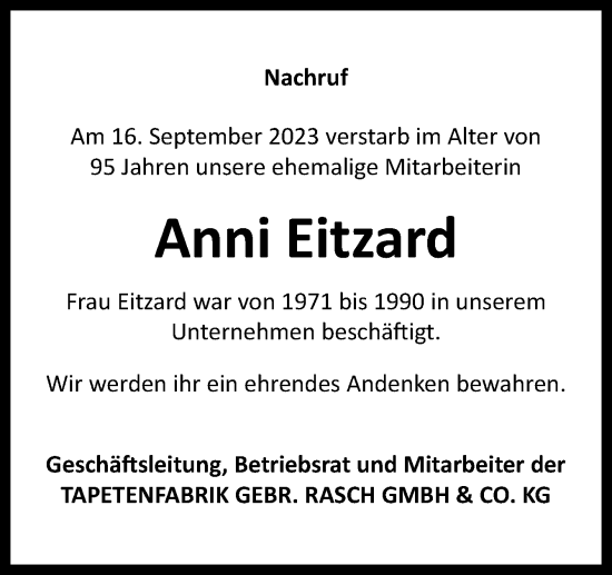 Traueranzeige von Anni Eitzard von Neue Osnabrücker Zeitung GmbH & Co. KG