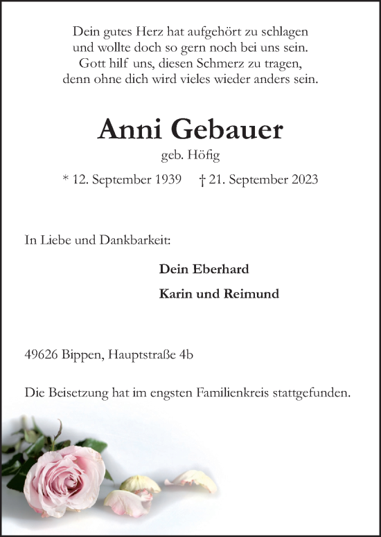 Traueranzeige von Anni Gebauer von Neue Osnabrücker Zeitung GmbH & Co. KG