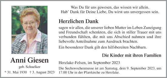 Traueranzeige von Anni Giesen von Neue Osnabrücker Zeitung GmbH & Co. KG