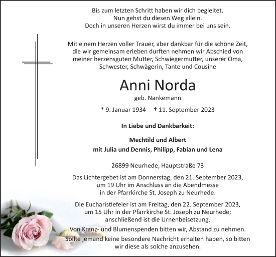 Traueranzeige von Anni Norda von Neue Osnabrücker Zeitung GmbH & Co. KG