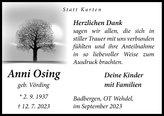 Traueranzeige von Anni Osing von Neue Osnabrücker Zeitung GmbH & Co. KG