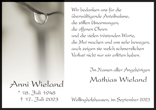 Traueranzeige von Anni Wieland von Neue Osnabrücker Zeitung GmbH & Co. KG