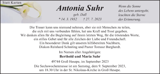 Traueranzeige von Antonia Suhr von Neue Osnabrücker Zeitung GmbH & Co. KG