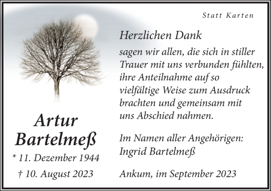 Traueranzeige von Artur Bartelmeß von Neue Osnabrücker Zeitung GmbH & Co. KG