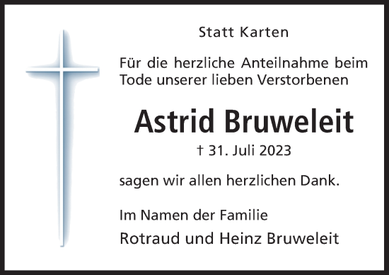 Traueranzeige von Astrid Bruweleit von Neue Osnabrücker Zeitung GmbH & Co. KG