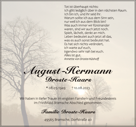 Traueranzeige von August-Hermann Droste-Haars von Neue Osnabrücker Zeitung GmbH & Co. KG