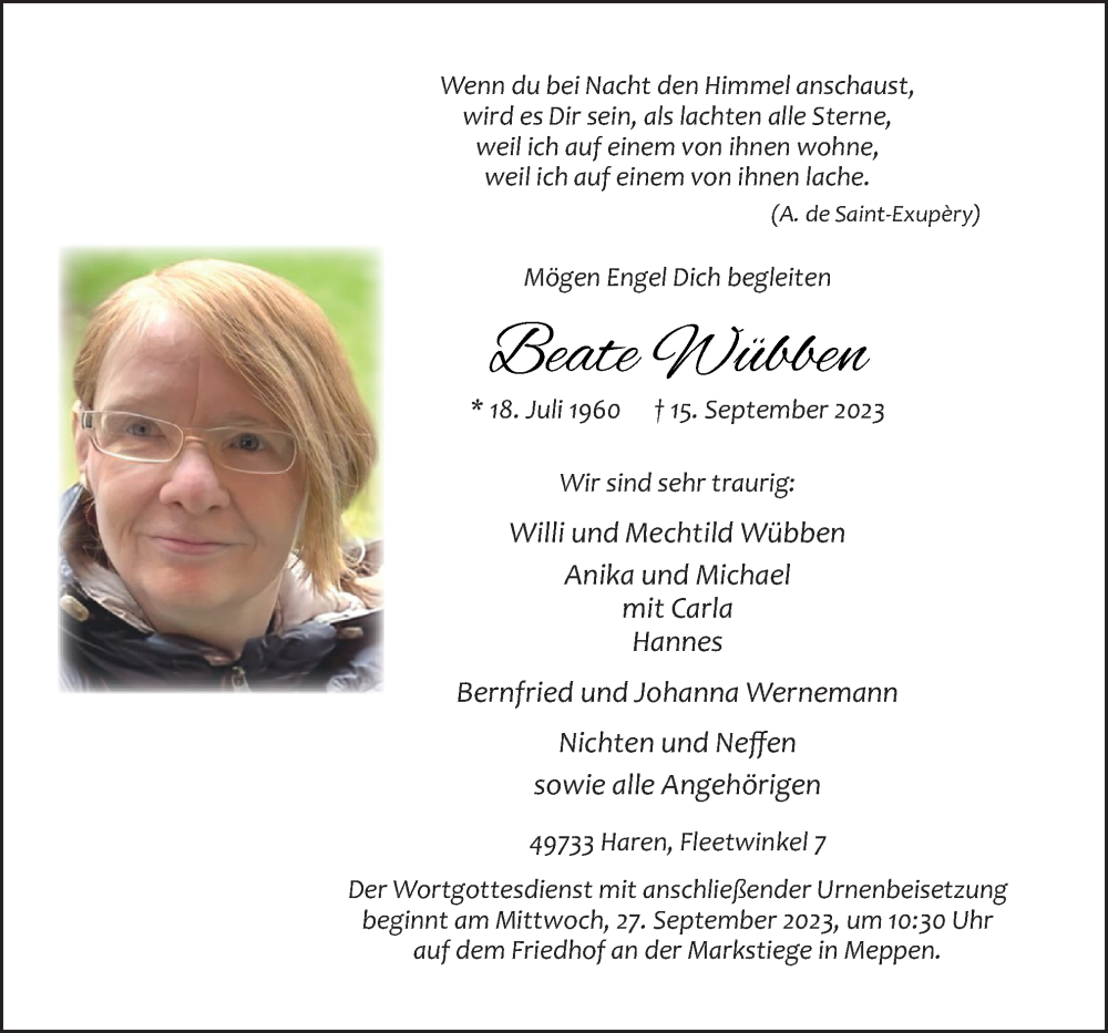  Traueranzeige für Beate Wübben vom 23.09.2023 aus Neue Osnabrücker Zeitung GmbH & Co. KG