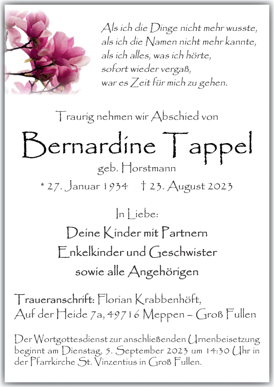 Traueranzeige von Bernardine Tappel von Neue Osnabrücker Zeitung GmbH & Co. KG