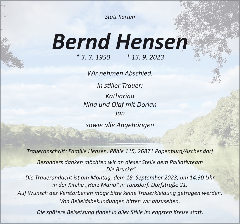  Traueranzeige für Bernd Hensen vom 15.09.2023 aus Neue Osnabrücker Zeitung GmbH & Co. KG