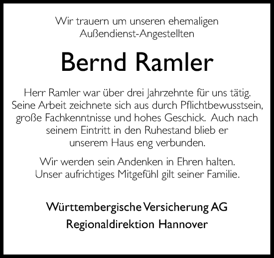 Traueranzeige von Bernd Ramler von Neue Osnabrücker Zeitung GmbH & Co. KG
