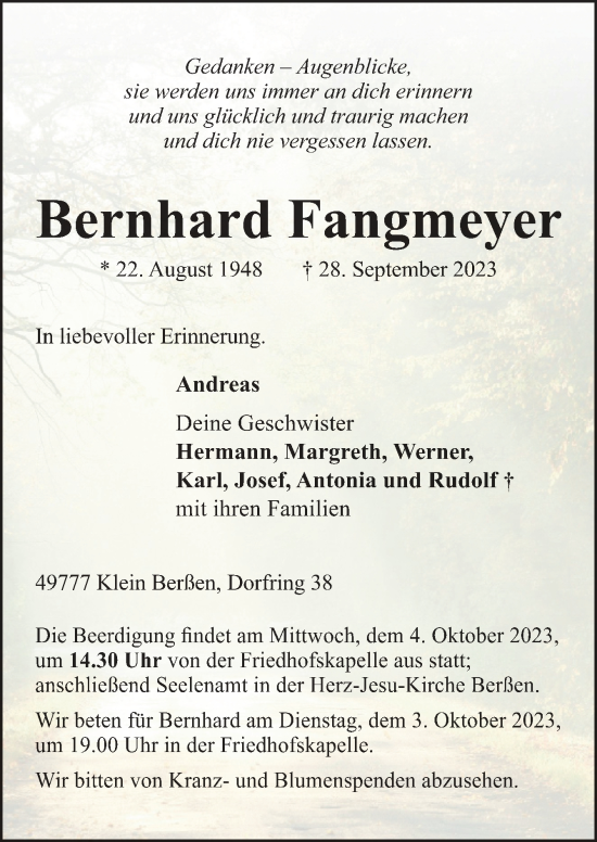 Traueranzeige von Bernhard Fangmeyer von Neue Osnabrücker Zeitung GmbH & Co. KG