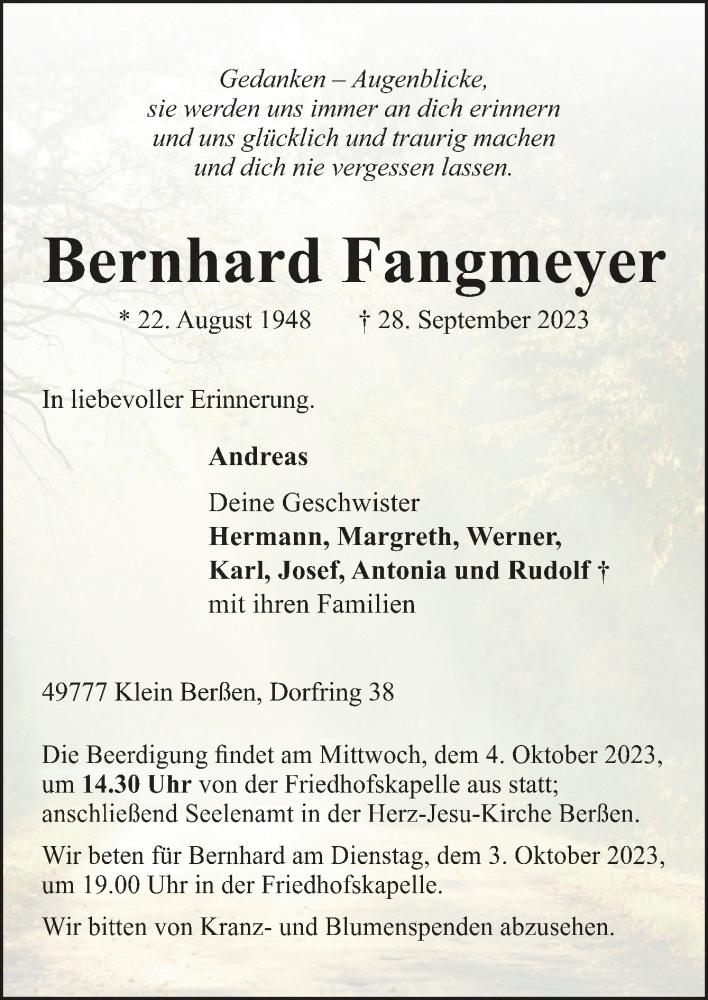  Traueranzeige für Bernhard Fangmeyer vom 30.09.2023 aus Neue Osnabrücker Zeitung GmbH & Co. KG