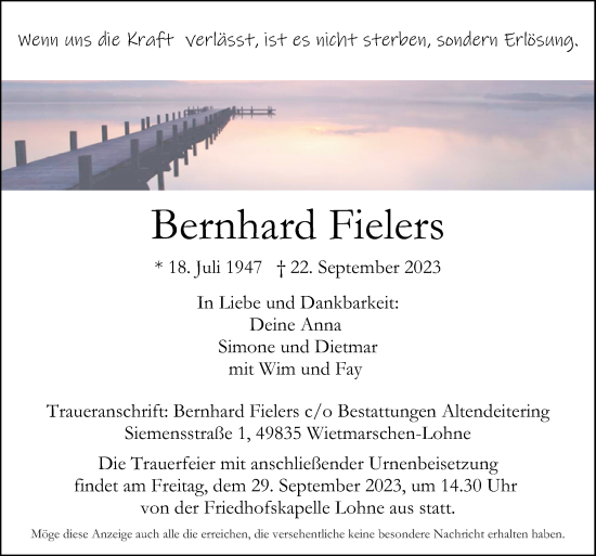 Traueranzeige von Bernhard Fielers von Neue Osnabrücker Zeitung GmbH & Co. KG