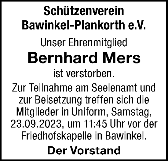 Traueranzeige von Bernhard Mers von Neue Osnabrücker Zeitung GmbH & Co. KG